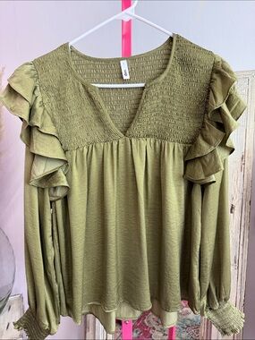 glam Olive Green Ruffle-Sleeve Smocked Yoke Blouse